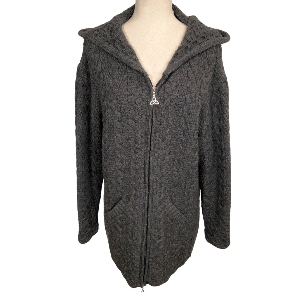Aran Crafts Cardigan Women XL Gray Irish Hood Zip Cable Knit Sweater Merino Wool
